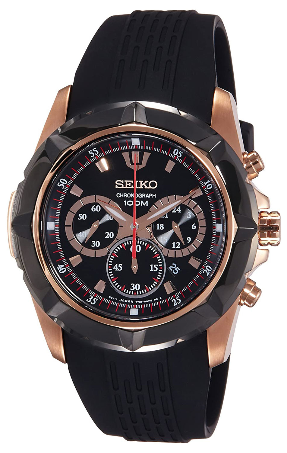 Seiko Chronograph Rose Gold Plated Steel Black Dial Black Rubber Strap Date Quartz Mens Watch 0902