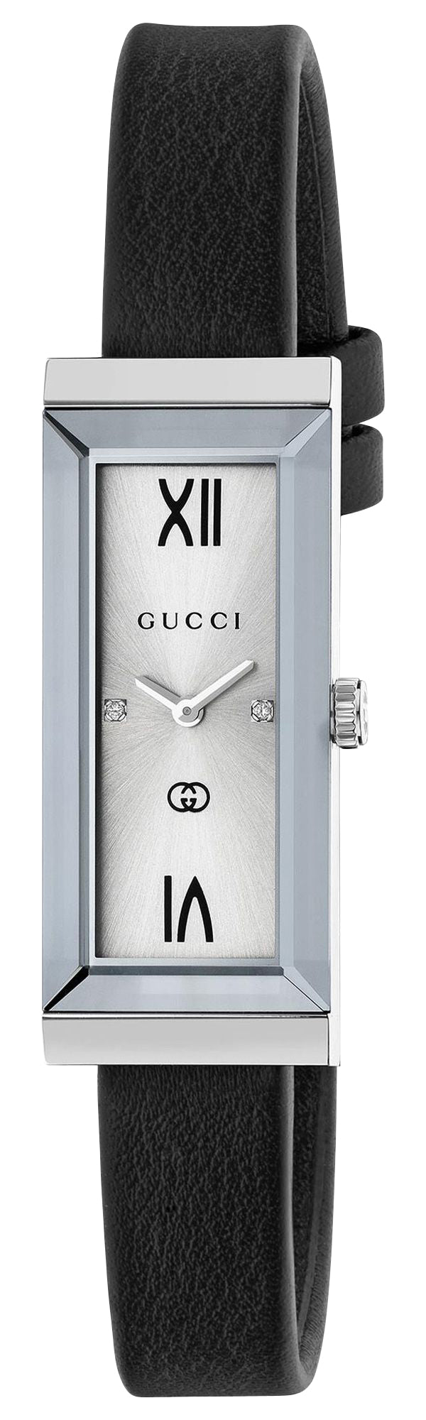 GUCCI 置時計 ブラック/シルバー　201 SWISS MADE クォーツ Gucci G-Frame Silver Dial Black Leather Diamonds Quartz Womens