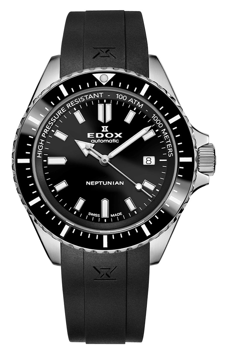 Edox Neptunian Automatic Steel Black Dial Rubber Diver Mens Watch