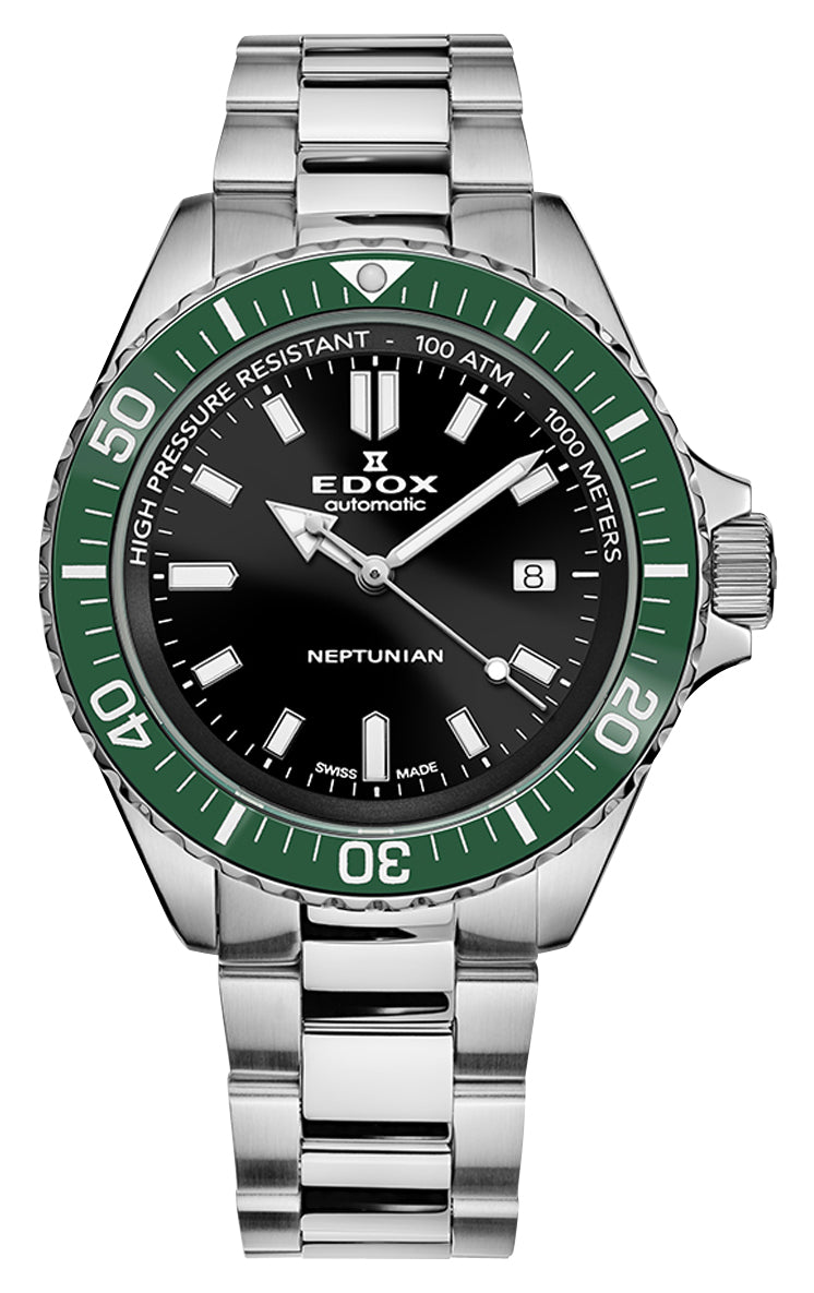 ネム Edox Neptunian Automatic Steel Black Dial Date Divers Mens Watch